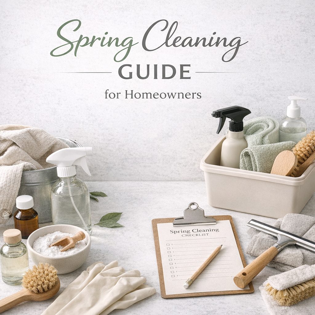 Spring cleaning guide for homeowners with natural cleaning supplies and checklist