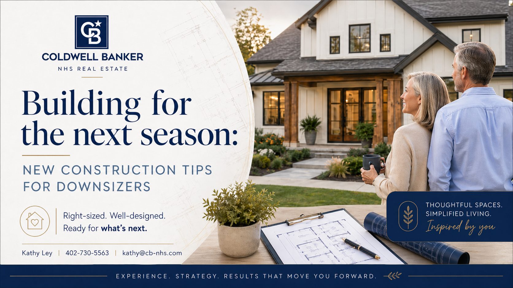Couple standing in front of a newly built modern farmhouse home reviewing floor plans — Coldwell Banker NHS Real Estate blog graphic for Building for the Next Season: New Construction Tips for Downsizers