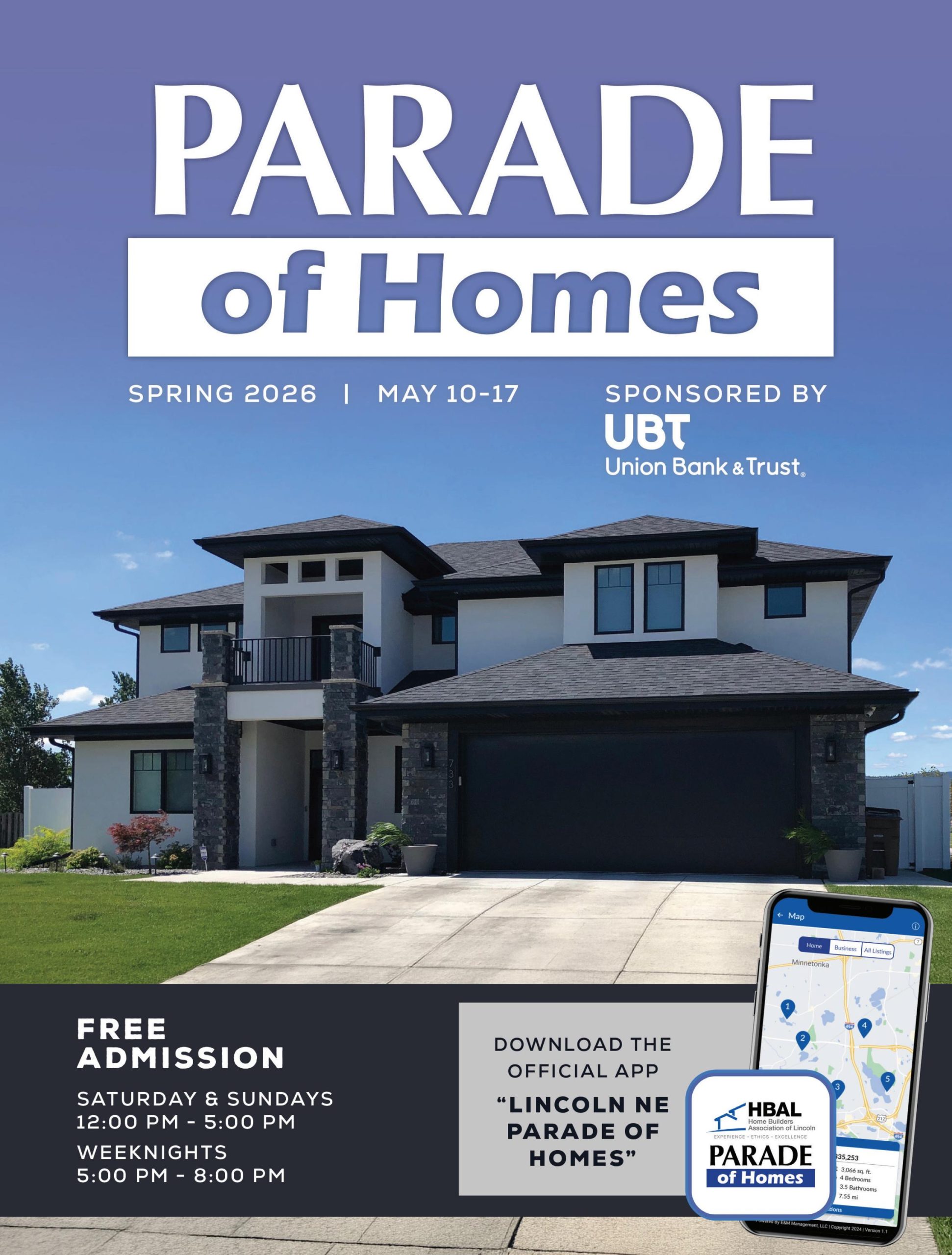 Spring 2026 Lincoln Parade of Homes event graphic with dates, free admission details, and app information.