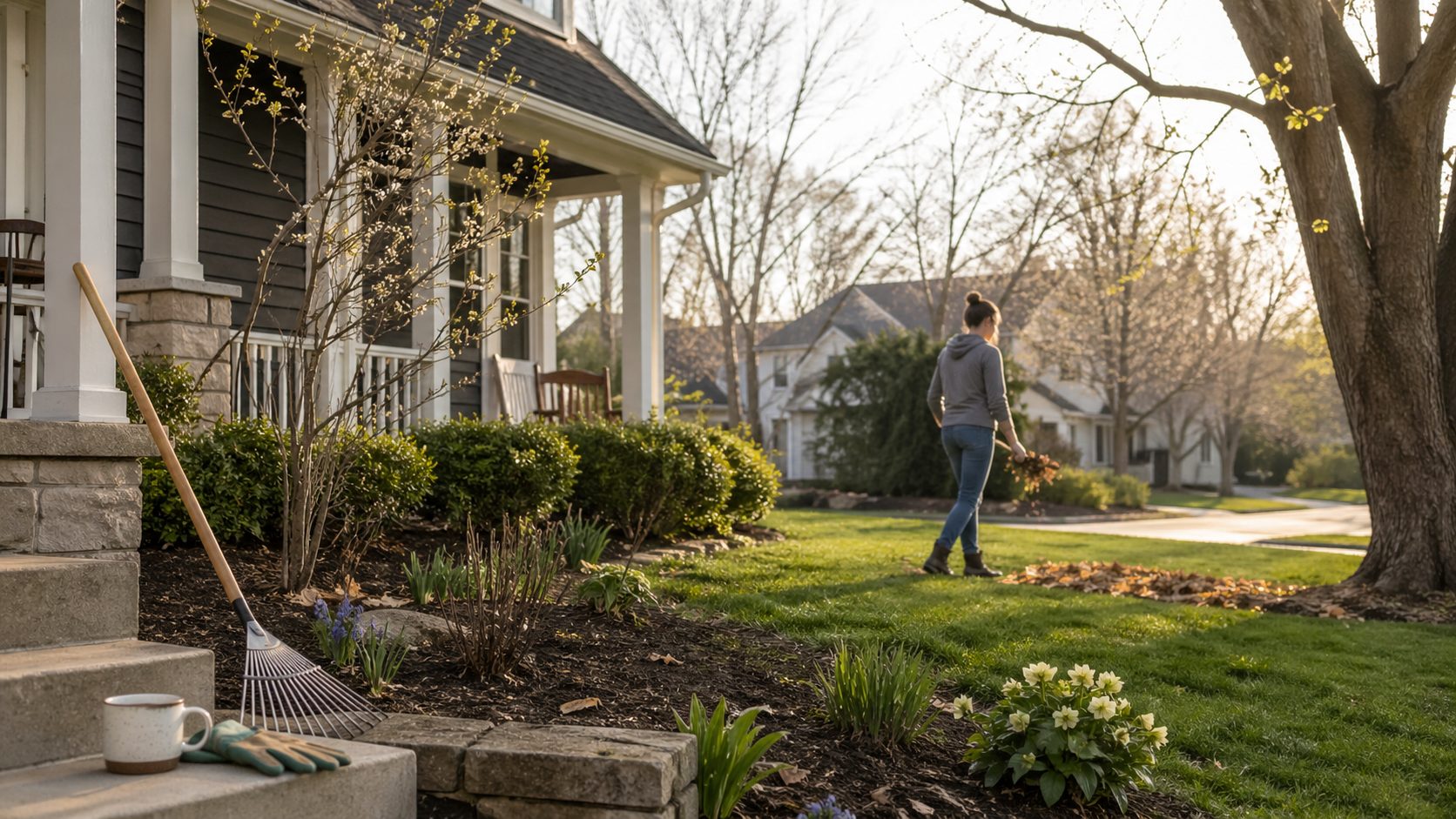 Homeowner doing spring yard cleanup with rake and garden tools