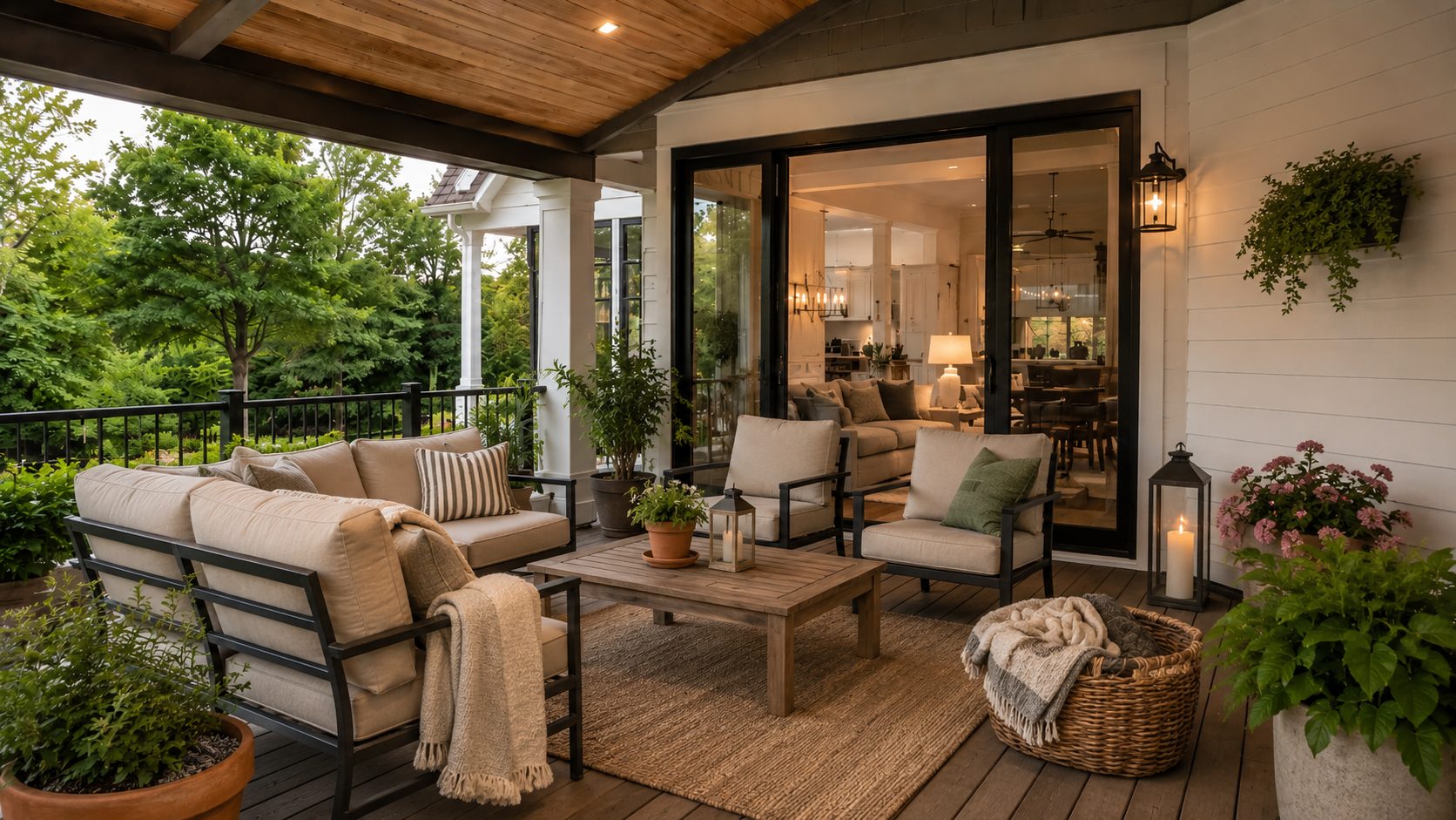 Covered backyard patio with casual outdoor seating, plants, a rug, and warm lighting arranged to feel like an extension of the home.