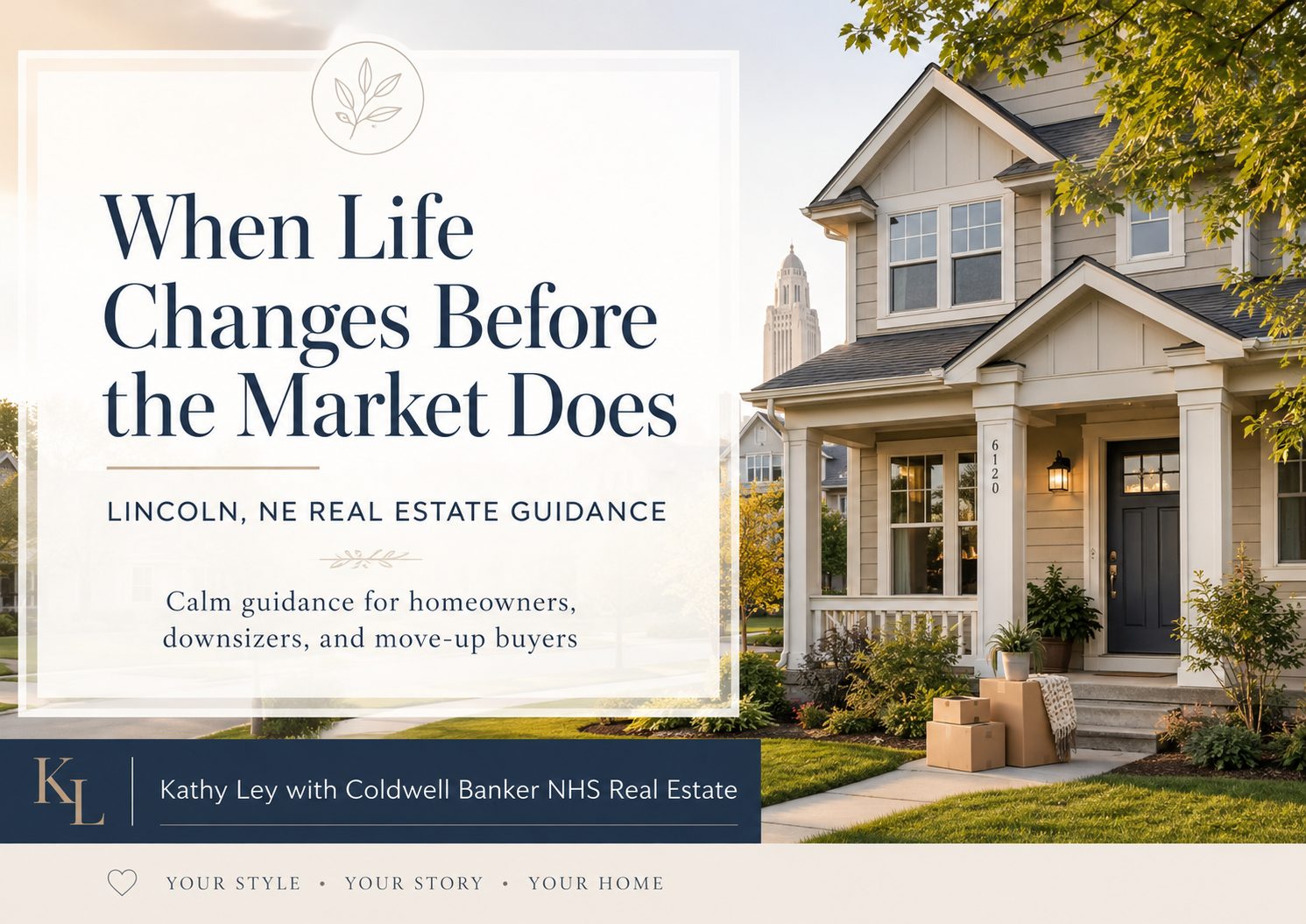 Branded Lincoln, NE real estate graphic for Kathy Ley showing a home and the title When Life Changes Before the Market Does.