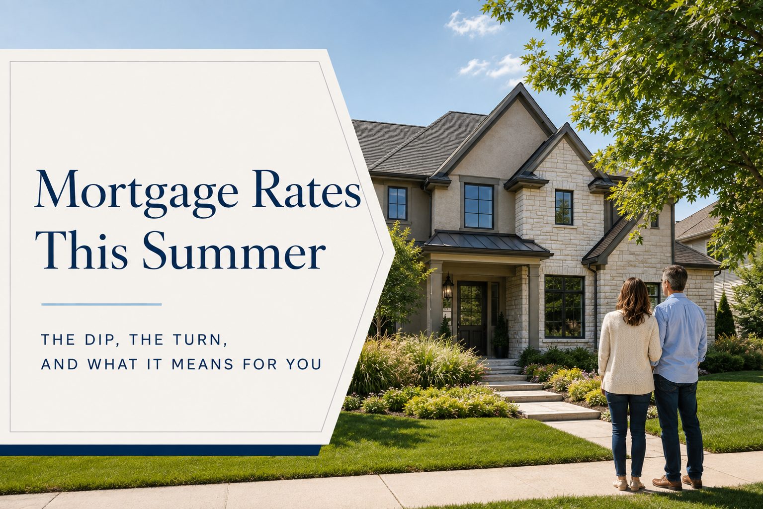 Mortgage Rates This Summer graphic featuring a Lincoln-area home with navy and ivory design