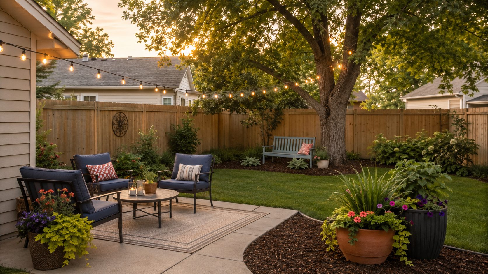 Inviting Lincoln backyard with outdoor seating, string lights, colorful planters, fresh landscaping, and a garden bench.